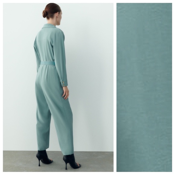 NWT. Zara Blue/Green Long Belted Jumpsuit. Size S. - Picture 5 of 11